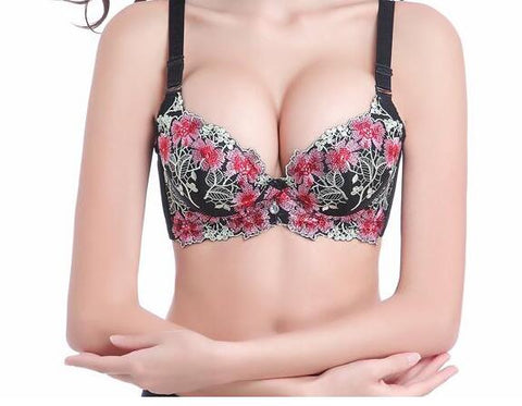 Hot Fashion Lady Women's padded bra Underwire Deep-V Sexy Embroidered Side Support Push Up Bra Underwear - Bikinisexy