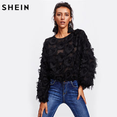 SHEIN Fringe Patch Mesh Top Sexy Autumn Womens Tops and Blouses Black Long Sleeve Round Neck Elegant Womens Tops - Bikinisexy