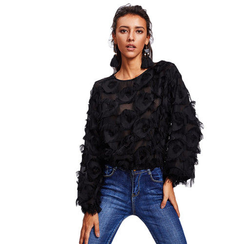 SHEIN Fringe Patch Mesh Top Sexy Autumn Womens Tops and Blouses Black Long Sleeve Round Neck Elegant Womens Tops - Bikinisexy