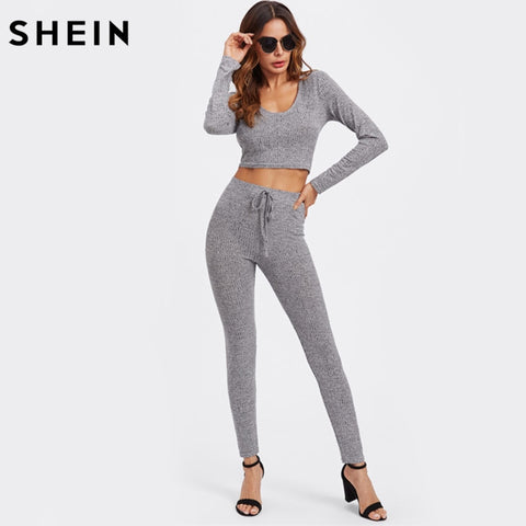 SHEIN Grey Long Sleeve Rib Knit Marled Hoodie Sexy Crop Tee and Leggings Set Autumn 2 Piece Set Women Pant and Top - Bikinisexy