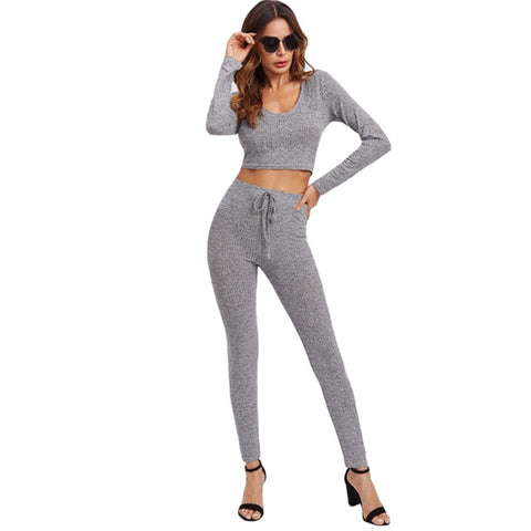 SHEIN Grey Long Sleeve Rib Knit Marled Hoodie Sexy Crop Tee and Leggings Set Autumn 2 Piece Set Women Pant and Top - Bikinisexy