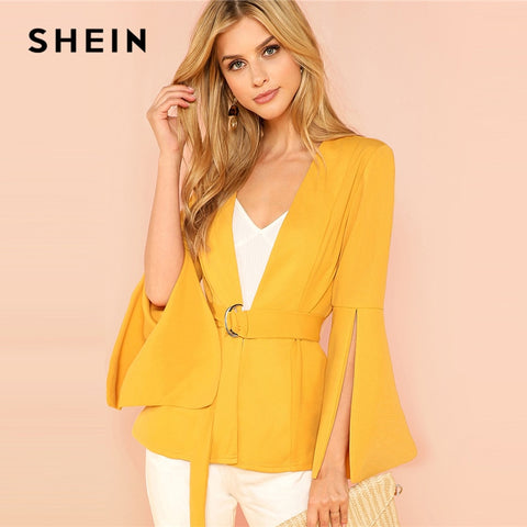 SHEIN Yellow Split Sleeve Belted Outerwear Office Ladies Long Sleeve Plain Wrap Workwear Blazer Women Autumn Elegant Coat - Bikinisexy