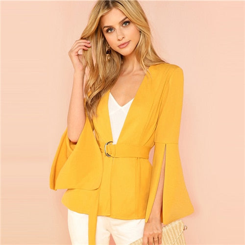 SHEIN Yellow Split Sleeve Belted Outerwear Office Ladies Long Sleeve Plain Wrap Workwear Blazer Women Autumn Elegant Coat - Bikinisexy