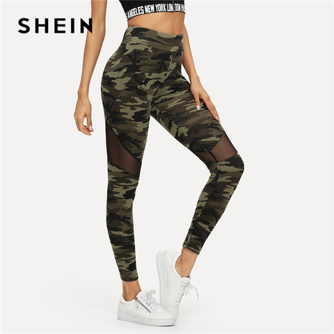 SHEIN Multicolor Mesh Insert Camo Print Leggings Sporting Patchwork Sheer Crop Pants Women Autumn Athleisure Leggings - Bikinisexy