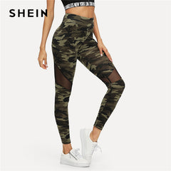 SHEIN Multicolor Mesh Insert Camo Print Leggings Sporting Patchwork Sheer Crop Pants Women Autumn Athleisure Leggings - Bikinisexy