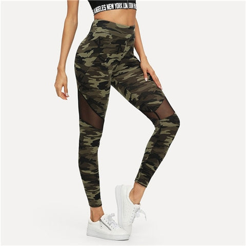 SHEIN Multicolor Mesh Insert Camo Print Leggings Sporting Patchwork Sheer Crop Pants Women Autumn Athleisure Leggings - Bikinisexy