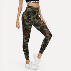 SHEIN Multicolor Mesh Insert Camo Print Leggings Sporting Patchwork Sheer Crop Pants Women Autumn Athleisure Leggings - Bikinisexy
