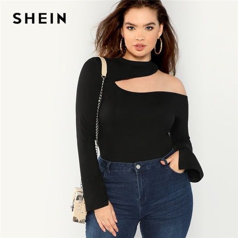 SHEIN Black Sexy Cut Out Asymmetrical Neck Plus Size Women Top Tee 2018 Autumn New Stretchy Long Flounce Sleeve Solid T Shirt - Bikinisexy