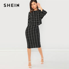 SHEIN Black Pearl Embellished Front Top & Pencil Skirt Set Three Quarter Length Sleeve Elegant 2018 Spring Plain Twopiece - Bikinisexy