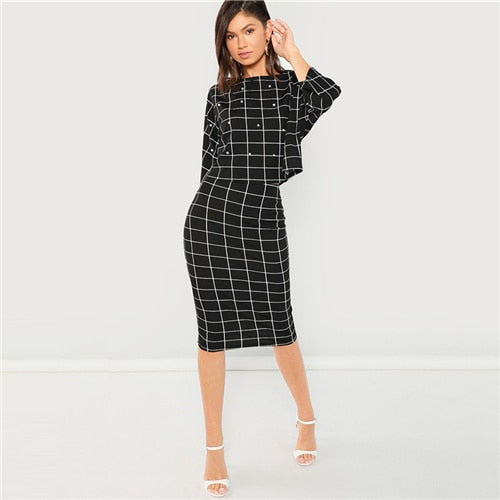 SHEIN Black Pearl Embellished Front Top & Pencil Skirt Set Three Quarter Length Sleeve Elegant 2018 Spring Plain Twopiece - Bikinisexy