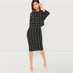 SHEIN Black Pearl Embellished Front Top & Pencil Skirt Set Three Quarter Length Sleeve Elegant 2018 Spring Plain Twopiece - Bikinisexy