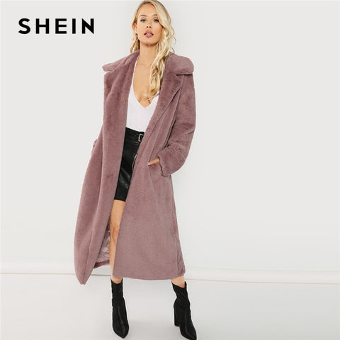 SHEIN Pink Office Lady Elegant Open Front Longline Faux Fur Teddy Solid Coat 2018 Autumn Minimalist Women Coats Outerwear - Bikinisexy