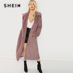 SHEIN Pink Office Lady Elegant Open Front Longline Faux Fur Teddy Solid Coat 2018 Autumn Minimalist Women Coats Outerwear - Bikinisexy