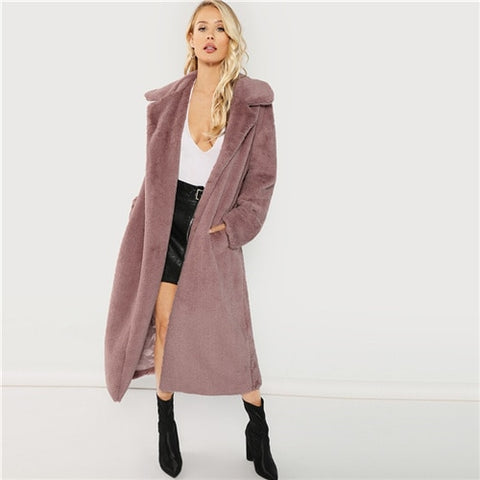 SHEIN Pink Office Lady Elegant Open Front Longline Faux Fur Teddy Solid Coat 2018 Autumn Minimalist Women Coats Outerwear - Bikinisexy