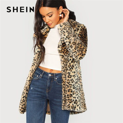 SHEIN Multicolor Elegant Highstreet Leopard Print Stand Collar Fuzzy Coat 2018 Autumn Office Lady Women Coats And Outerwear - Bikinisexy