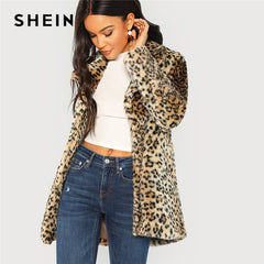 SHEIN Multicolor Elegant Highstreet Leopard Print Stand Collar Fuzzy Coat 2018 Autumn Office Lady Women Coats And Outerwear - Bikinisexy