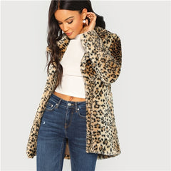 SHEIN Multicolor Elegant Highstreet Leopard Print Stand Collar Fuzzy Coat 2018 Autumn Office Lady Women Coats And Outerwear - Bikinisexy