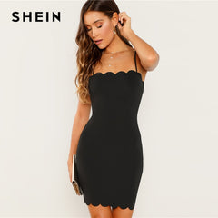 SHEIN Black Form Fitting Scalloped Cami Dress Bodycon Sleeveless Slim Short Party Dress Women Autumn Highstreet Elegant Dresses - Bikinisexy