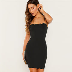 SHEIN Black Form Fitting Scalloped Cami Dress Bodycon Sleeveless Slim Short Party Dress Women Autumn Highstreet Elegant Dresses - Bikinisexy