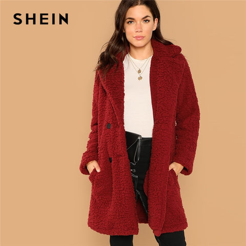 SHEIN Burgundy Casual Solid Notched Pocket Double Button Teddy Coat Winter Thermal Office Lady Fashion Women Coat And Outerwear - Bikinisexy