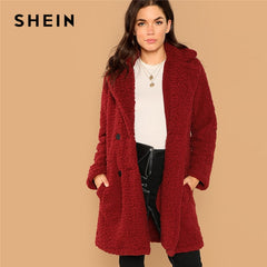 SHEIN Burgundy Casual Solid Notched Pocket Double Button Teddy Coat Winter Thermal Office Lady Fashion Women Coat And Outerwear - Bikinisexy