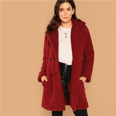 SHEIN Burgundy Casual Solid Notched Pocket Double Button Teddy Coat Winter Thermal Office Lady Fashion Women Coat And Outerwear - Bikinisexy