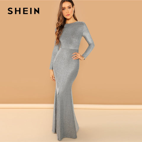 SHEIN Silver Solid Split Mermaid Hem Maxi Dress Plain Long Sleeve Stretchy Party Dresses Women Autumn Sheath Going Out Dress - Bikinisexy