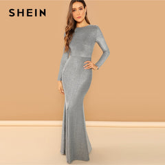 SHEIN Silver Solid Split Mermaid Hem Maxi Dress Plain Long Sleeve Stretchy Party Dresses Women Autumn Sheath Going Out Dress - Bikinisexy