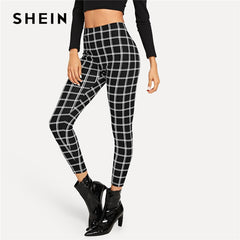 SHEIN Black Wide Waist Plaid Leggings Elegant Office Lady Skinny Women Autumn Workwear Highstreet Minimalist Leggings - Bikinisexy