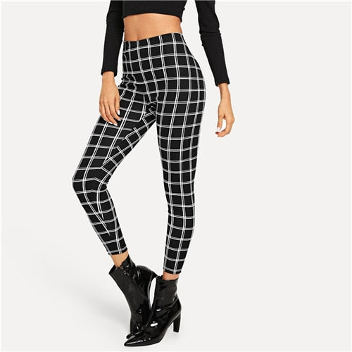 SHEIN Black Wide Waist Plaid Leggings Elegant Office Lady Skinny Women Autumn Workwear Highstreet Minimalist Leggings - Bikinisexy