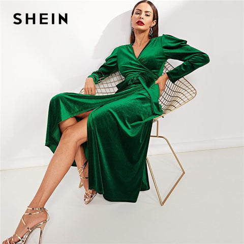 SHEIN Green Elegant Party Solid Puff Sleeve Tie Waist Split Side Surplice Wrap Long Sleeve Dress Autumn Modern Lady Dresses - Bikinisexy