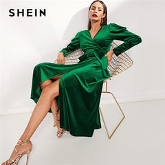 SHEIN Green Elegant Party Solid Puff Sleeve Tie Waist Split Side Surplice Wrap Long Sleeve Dress Autumn Modern Lady Dresses - Bikinisexy