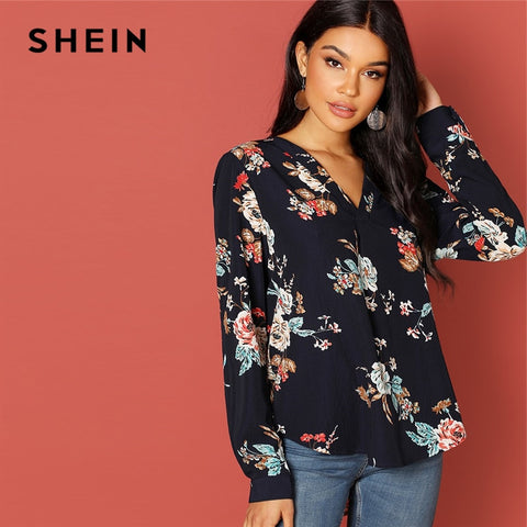 SHEIN Navy Vacation Holiday Floral Print V-Placket Curved Dip Hem Asymmetrical Blouse Autumn Casual Women Tops And Blouses - Bikinisexy