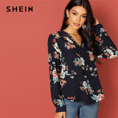 SHEIN Navy Vacation Holiday Floral Print V-Placket Curved Dip Hem Asymmetrical Blouse Autumn Casual Women Tops And Blouses - Bikinisexy