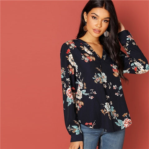 SHEIN Navy Vacation Holiday Floral Print V-Placket Curved Dip Hem Asymmetrical Blouse Autumn Casual Women Tops And Blouses - Bikinisexy