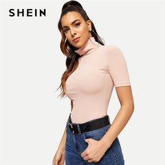 SHEIN Pink High Neck Rib Knit T-shirt Short Sleeve Solid Slim Fit Pullover 2018 Autumn Elegant Casual Women Tops And Tshirts - Bikinisexy