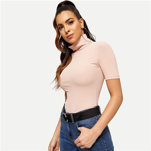 SHEIN Pink High Neck Rib Knit T-shirt Short Sleeve Solid Slim Fit Pullover 2018 Autumn Elegant Casual Women Tops And Tshirts - Bikinisexy