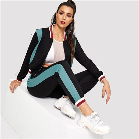SHEIN Black Color Block O-Ring Zip Up Stand Collar Sweatshirt and Sweatpants Set Women Autumn Elegant Workwear Twopiece - Bikinisexy