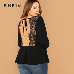 SHEIN Plus Size Sexy Backless Lace Trim Tied Collar Back Black Women Blouse 2019 High Street Long Sleeve Stretchy Top Blouse - Bikinisexy