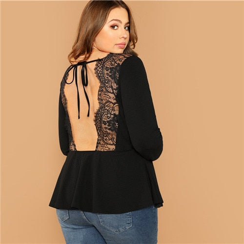 SHEIN Plus Size Sexy Backless Lace Trim Tied Collar Back Black Women Blouse 2019 High Street Long Sleeve Stretchy Top Blouse - Bikinisexy