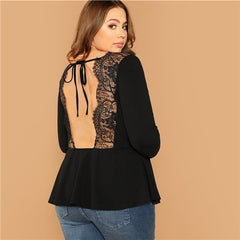 SHEIN Plus Size Sexy Backless Lace Trim Tied Collar Back Black Women Blouse 2019 High Street Long Sleeve Stretchy Top Blouse - Bikinisexy