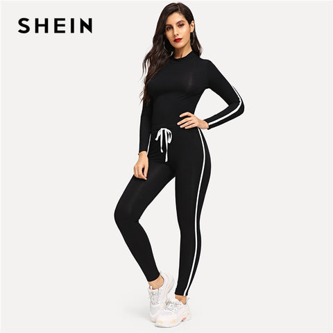 SHEIN Athleisure Black Round Neck Striped Top Drawstring Waist Plain Pants Sets Women Spring Active Wear Sporting Two Piece Set - Bikinisexy