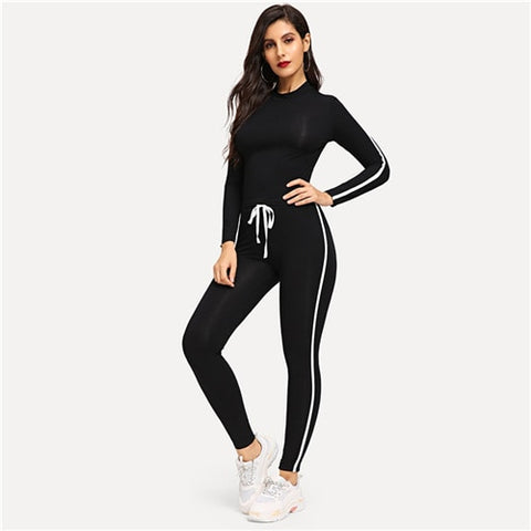 SHEIN Athleisure Black Round Neck Striped Top Drawstring Waist Plain Pants Sets Women Spring Active Wear Sporting Two Piece Set - Bikinisexy