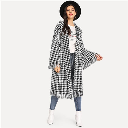 SHEIN Black and White Houndstooth Shawl Collar Bell Sleeve Fringe Detail Houndstooth Coat Autumn Highstreet Women Coat Outerwear - Bikinisexy