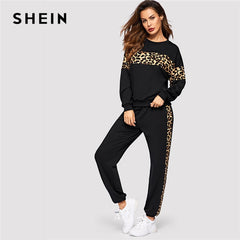 SHEIN Black Leopard Panel Pullover Women O-neck Athleisure Sweatshirt and Sweatpants Set Autumn Women Casual Two Piece Sets - Bikinisexy