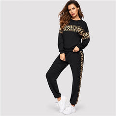 SHEIN Black Leopard Panel Pullover Women O-neck Athleisure Sweatshirt and Sweatpants Set Autumn Women Casual Two Piece Sets - Bikinisexy