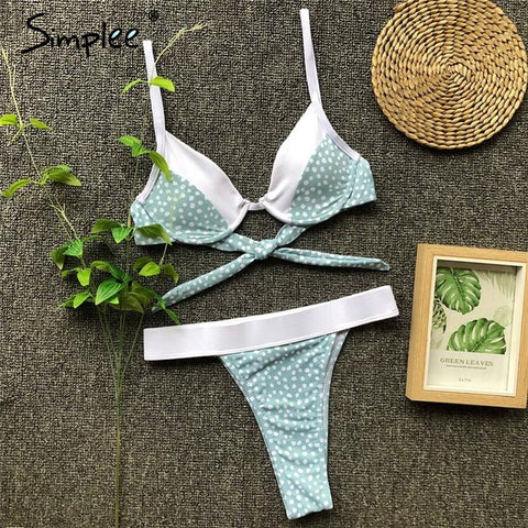 Simplee Casual polka dot women bra sets Triangle push up padded lace up bikini female Sexy summer beach two piece intimates - Bikinisexy