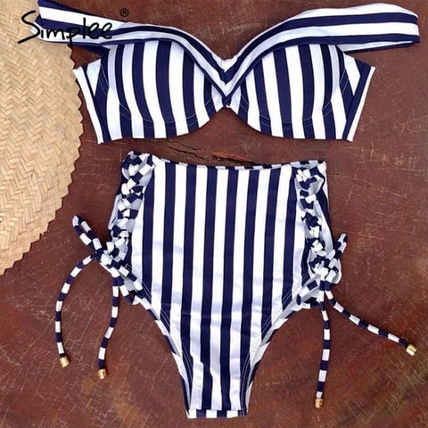Simplee Sexy striped two pieces women bra sets Push up lace up swimwear bathers High waist beach bikinis 2019 mujer bathing suit - Bikinisexy