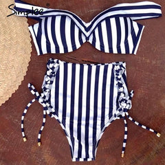 Simplee Sexy striped two pieces women bra sets Push up lace up swimwear bathers High waist beach bikinis 2019 mujer bathing suit - Bikinisexy