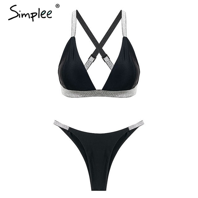 Simplee Sexy silver micro bikini lingerie set Strap push up padded swimsuit female Triangle swimwear women black intimates 2019 - Bikinisexy